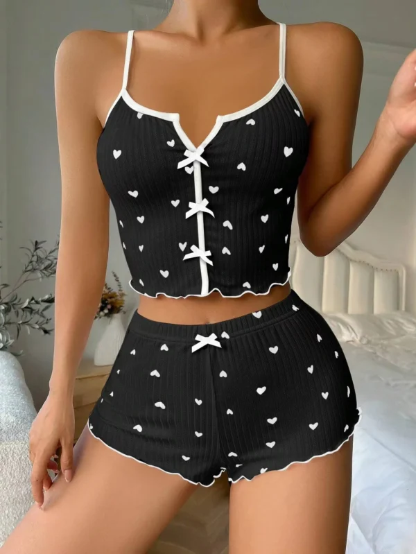 Women Cute Pajama Set Heart Print Lettuce Trim Bow Front Cami Top And Shorts Pj Set Soft Sleepwear – Image 6