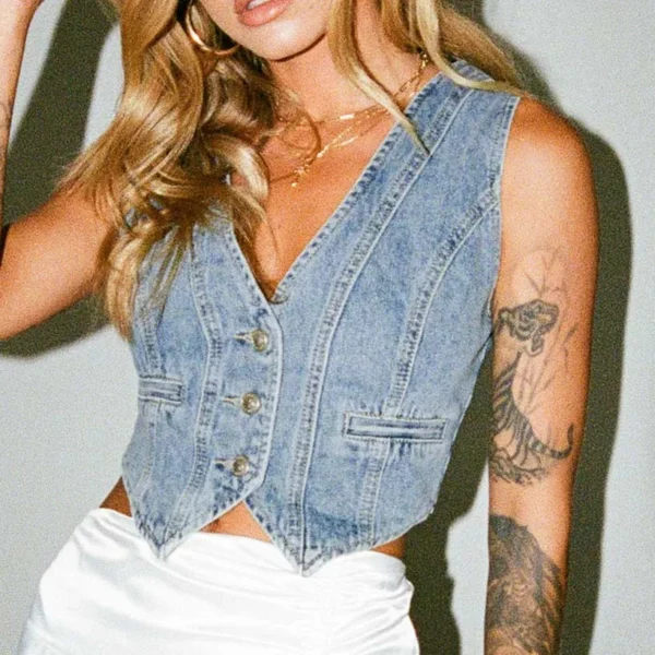 Gaono Women'S Summer Jean Vest Tank Tops Sleeveless V Neck Button Down Chic Basic Denim Crop Tops Y2K Streetwear – Image 2