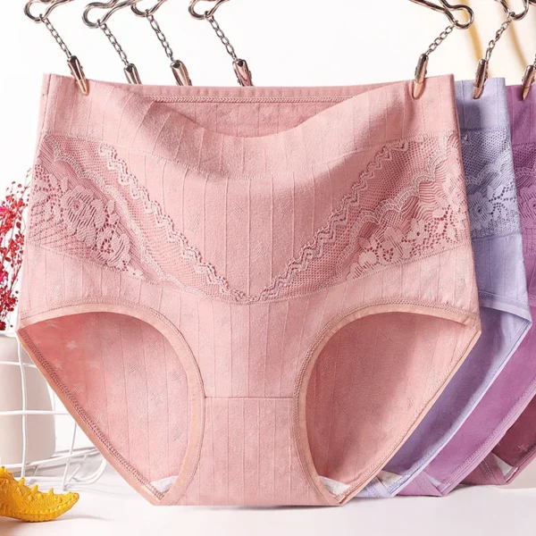 4 Pièces Coton Femmes Culottes Dame Grande Taille Sous-Vêtements Grande Taille Dentelle Taille Haute Slips Respirant Couleur Unie Femme Lingerie – Image 2