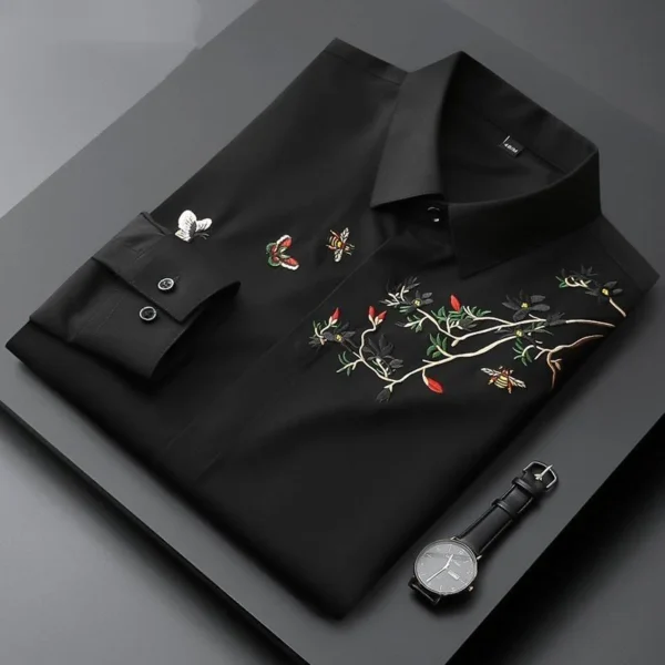 Polo Brodé De Style Chinois Avancé Pour Hommes, Chemise Décontractée Sans Repassage, Coupe Couvertes, Col, Mode Printemps Et Automne, Nouveau, 2024 – Image 2