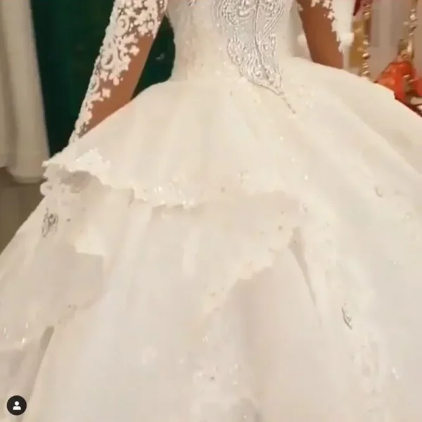 Robe De Mariée À Col Haut En Biscuits, Robe De Rhbouffante, Appliques En Dentelle 3D, Manches Longues, Vêtements Personnalisés Pour Les Patients, Quel Que Soit, Cristal De Dubaï – Image 4