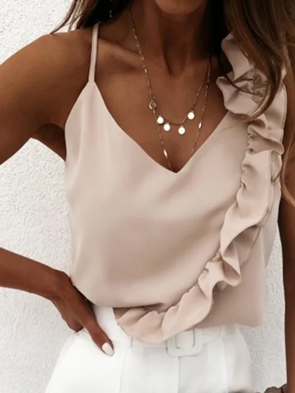 Femmes Été Blouse Chemises Sexy Col En V À Volants Blouses Dos Nu – Image 6