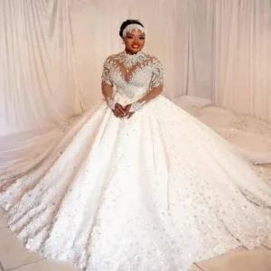 Robe de Mariée Citroball Personnalisée à Col Haut et Perles, Grande Taille, avec Traîne de Balayage, Manches sulf, pour Patients