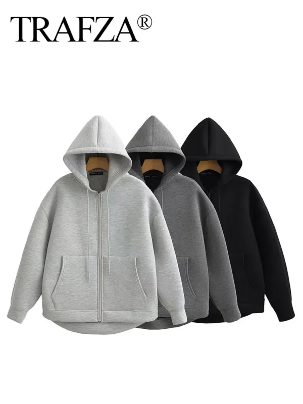 Trafza Automne Femmes Gris Veste Avec Capuche À Manches Longues Grande Poche Veste À Glissière Manteau Femme Ample Vêtements D'Extérieur Décontractés Manteau Hauts – Image 4