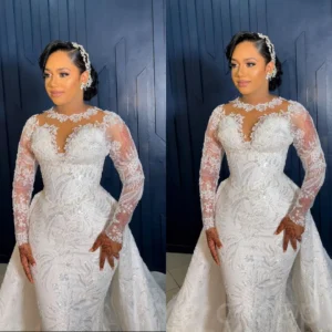 Robe de mariée sirène en dentelle Kendny à col rond