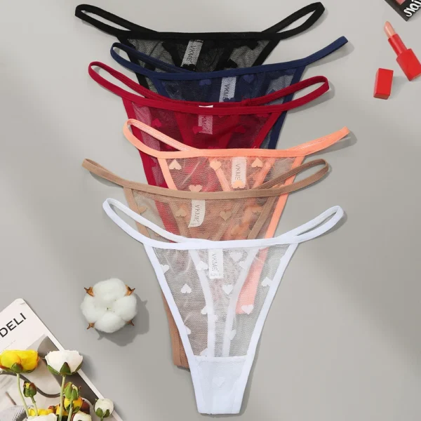 3 Pièces Dentelle Pure String Culottes Femmes Sexy Taille Basse Sans Couture Lingerie Coeur Voir À Travers Maille Caleçon Lingerie Intime – Image 3