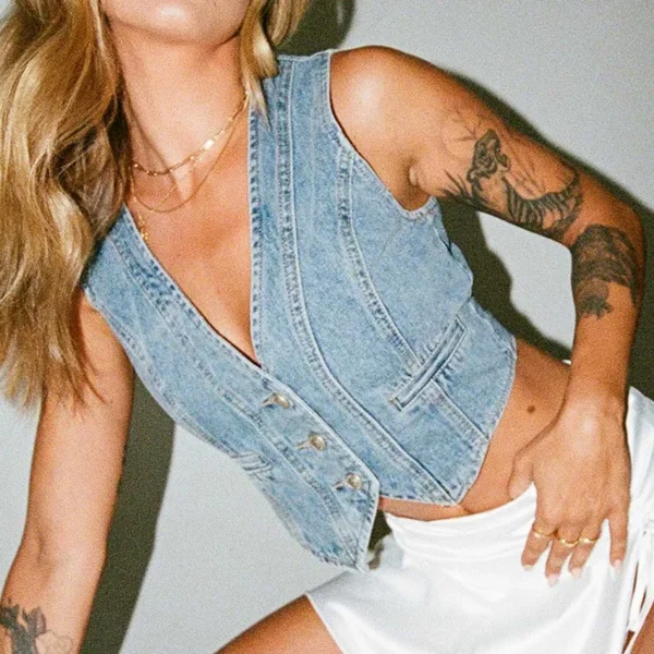 Gaono Women'S Summer Jean Vest Tank Tops Sleeveless V Neck Button Down Chic Basic Denim Crop Tops Y2K Streetwear