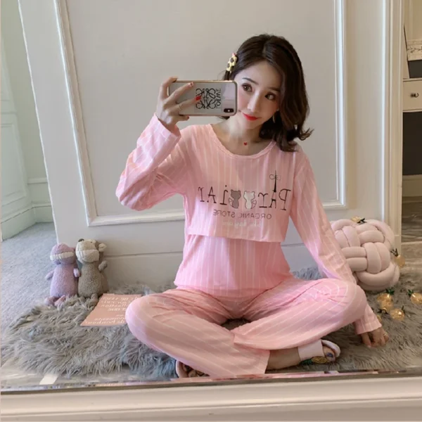Women Nursing Pyjamas Homewear Spring Autumn Maternity Pajamas Set Cute Breastfeeding Clothes Long-Sleeved Pregnancy Sleepwear – Image 3