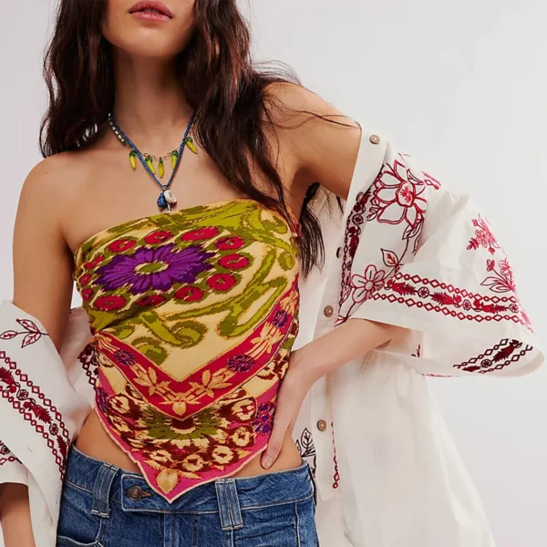 Gaono Bandana Tops For Women Boho Floral Strapless Tube Top Y2K Vintage Irregular Hem Smocked Backless Crop Top Beachwear – Image 2