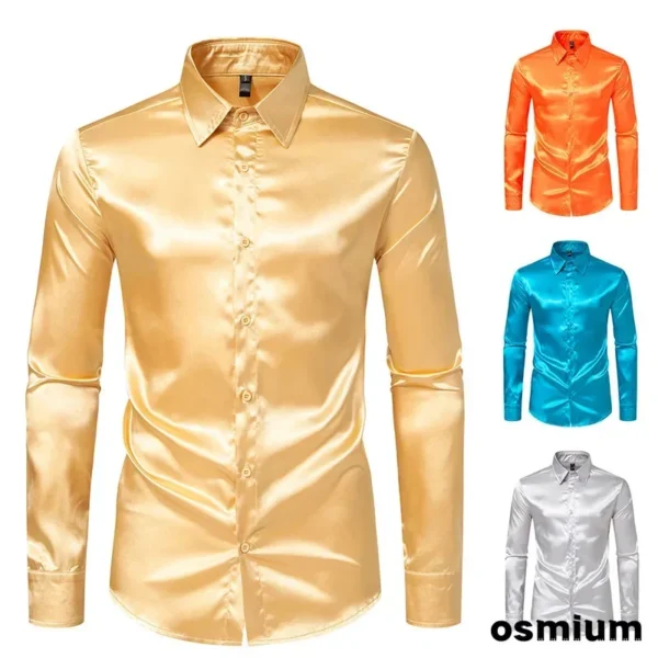 Chemise En Satin À Manches Longues Pour Hommes, Chemise De Boîte De Nuit, Chemise Dorée, Bleu, Orange, Vêtements De Performance, Grande Taille, Média, Automne, Hiver, Nouveau – Image 3