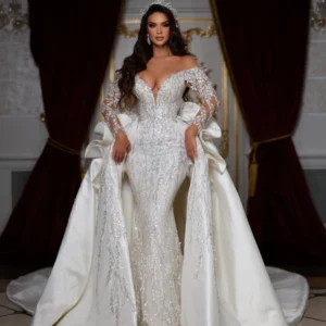 Robe de Mariée à Paillettes avec Appliques et Poignées
