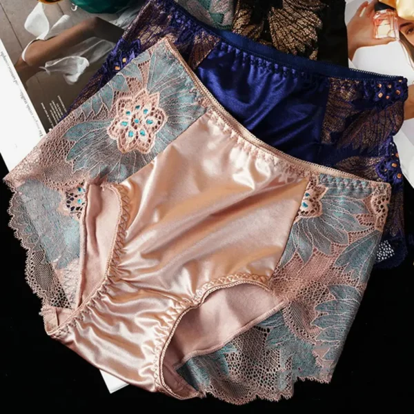 Culotte Décorative En Dentelle Jacquard Pour Femmes, Élégante, Broderie De Fleurs, Taille Moyenne, Douce Et Respirante, En Soie Glacée, Pour Femmes – Image 2
