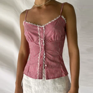 Gaono Women Y2K Gingham Tank Top Spaghetti Strap Checkered Lace Trim Camisole Plaid Backless Slim Fit Cami Tops