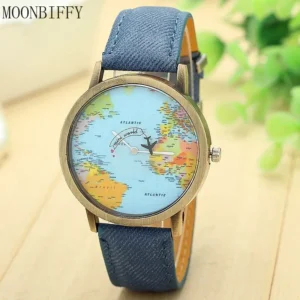 2022 Fashion Global World Map Plane Denim Fabric Band Watch Casual Men Women Wristwatches Quartz Watch Gift Horloges Relógio