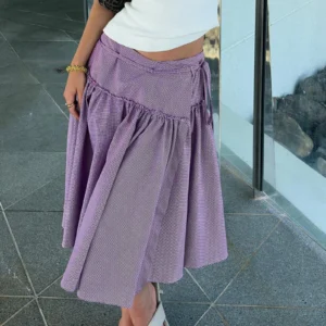 Gaono Women Low Rise Plaid Midi Skirt Lace Up Ruffle Hem A Line Skirt Vintage Tie Up Gingham Tiered Skirt Going Out Streetwear