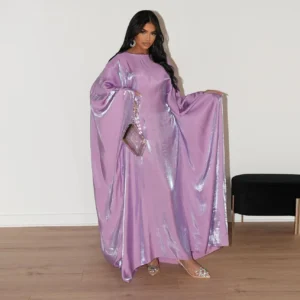 Mode d'été Robe Abaya Robe femmes musulmanes élégant col rond manches chauve-souris à lacets lumière fluide Abaya Robe femmes