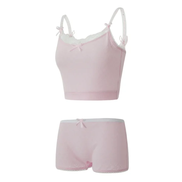 Gaono Cute Pink 2 Piece Outfits Y2K Fairycore Vintage V Neck Lace Trim Cami Milkmaid Crop Tops + Shorts Chic Women Pajama Set – Image 3