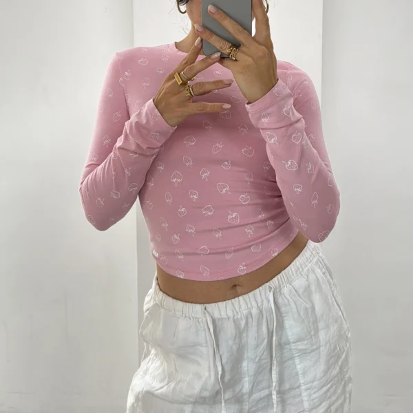 Gaono Women’s Fruit Print Crop Tops Y2K Fairy Long Sleeve Crew Neck Slim Fit Shirts Spring Fall T Shirt Blouses – Image 4