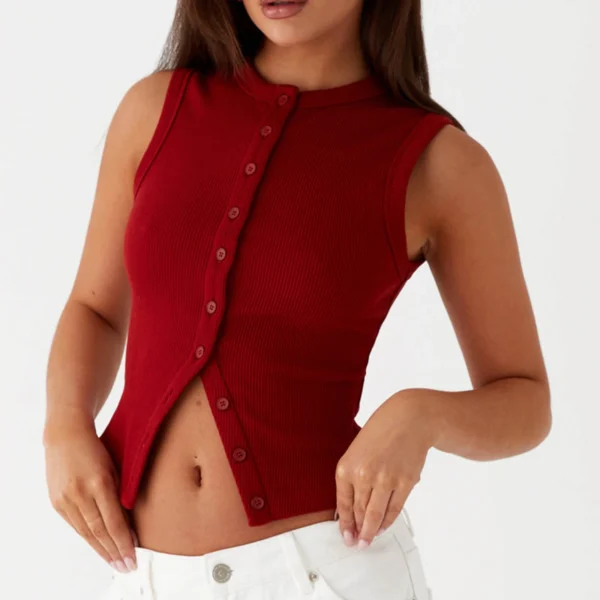 Gaono Women'S Button Up Ribbed Knit Tank Top Open Front Crewneck Fitted Vest Top Sleeveless Basic Tops Y2K Vintage Streetwear – Image 4