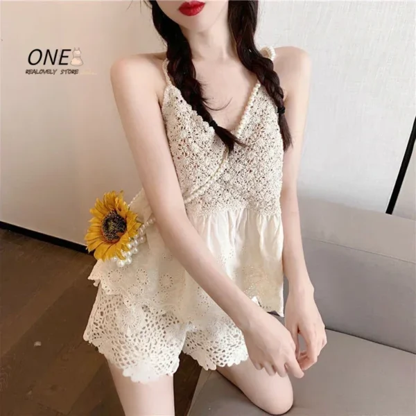 Short En Coton Au Crochet Pour Femmes, Ensemble Deux Pièces Chic, Motif Circulaire, Dentelle, Taille Élastiquée, Bord Festonné, Été