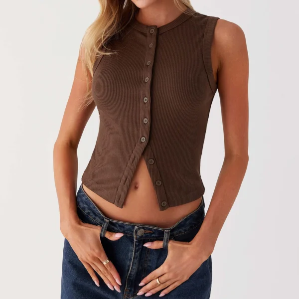 Gaono Women'S Button Up Ribbed Knit Tank Top Open Front Crewneck Fitted Vest Top Sleeveless Basic Tops Y2K Vintage Streetwear – Image 5