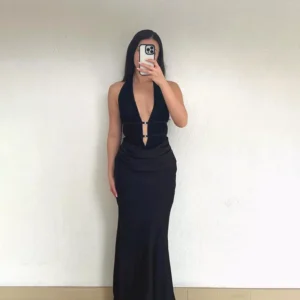 Black Evening Dress Sexy Deep V Neck Sleeveless