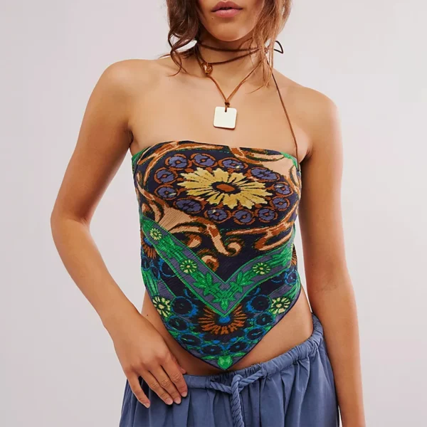 Gaono Bandana Tops For Women Boho Floral Strapless Tube Top Y2K Vintage Irregular Hem Smocked Backless Crop Top Beachwear