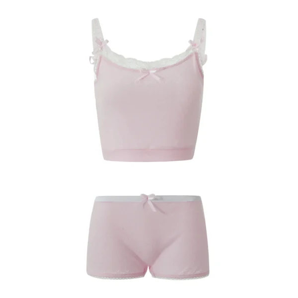 Gaono Cute Pink 2 Piece Outfits Y2K Fairycore Vintage V Neck Lace Trim Cami Milkmaid Crop Tops + Shorts Chic Women Pajama Set – Image 2