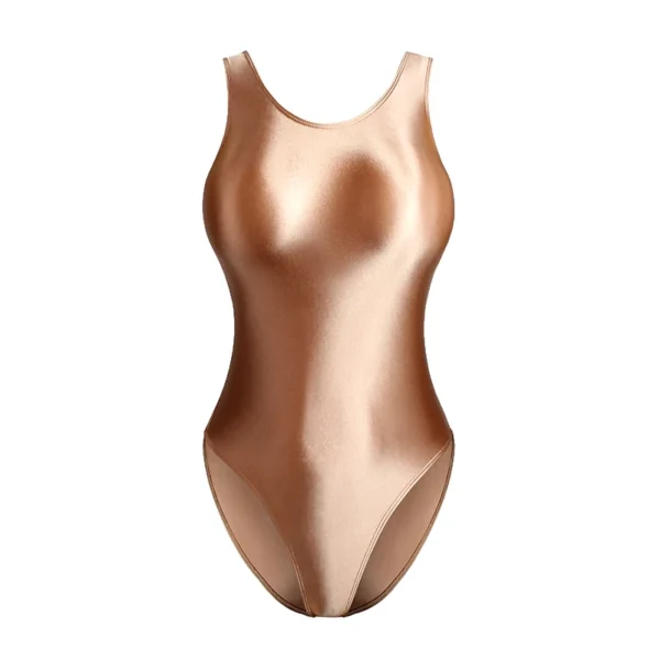 Women Sexy Glossy High-Cut Sports One-Piece Swimsuit Sleeveless Yoga Gym Bodysuit Shiny Beach Bathing Activewear Swimwear Mjinm – Image 4