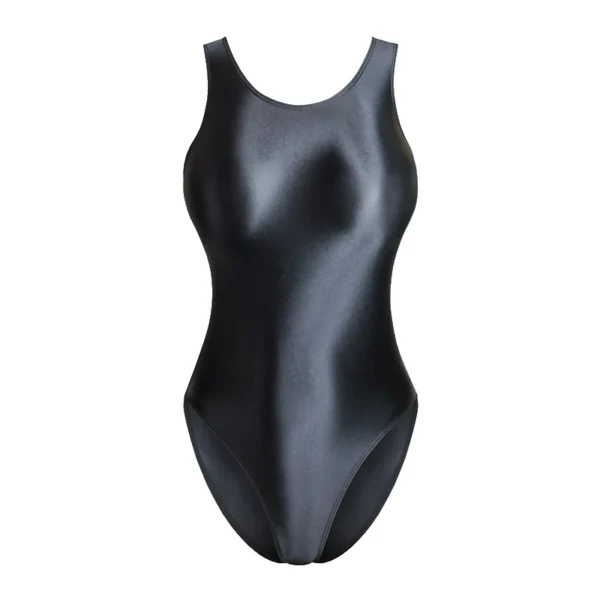 Women Sexy Glossy High-Cut Sports One-Piece Swimsuit Sleeveless Yoga Gym Bodysuit Shiny Beach Bathing Activewear Swimwear Mjinm – Image 3