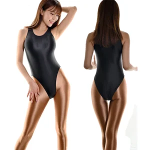 Women Sexy Glossy High-Cut Sports One-Piece Swimsuit Sleeveless Yoga Gym Bodysuit Shiny Beach Bathing Activewear Swimwear MJINM