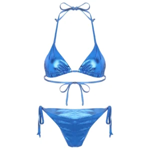 Womens Metallic Shiny Lacing Brazilian Mini Bikini Swimsuit Padded Triangle Cup Top with Briefs 2-Piece Swimwear Bathing Suit