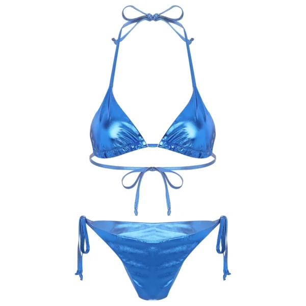 Womens Metallic Shiny Lacing Brazilian Mini Bikini Swimsuit Padded Triangle Cup Top With Briefs 2-Piece Swimwear Bathing Suit