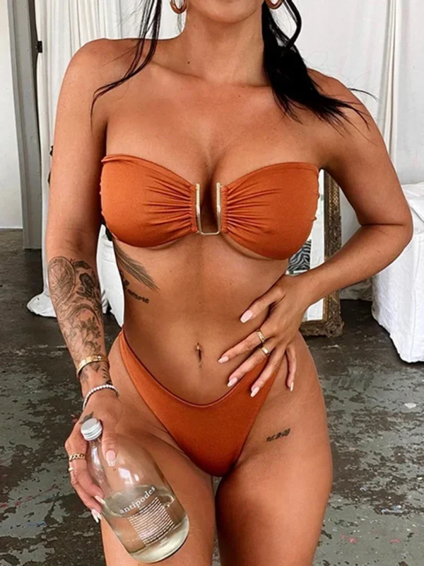 Shiny Bandeau Bikinis 2025 Strapless Bikini Female Swimsuit Women Swimwear Two-Pieces Bikini Set High Cut Bathing Suit Swim Lady – Image 3